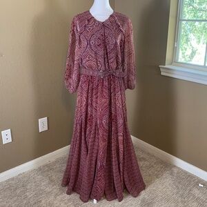 Sam & Jess Boho Paisley Maxi Dress Maroon Red Long Sleeve Size M